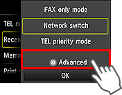 Receive mode settings screen: Select Advanced