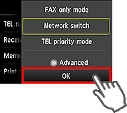 Receive mode settings screen: Select OK