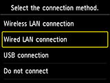 Pantalla de selección del método de conexión: seleccionar Conexión LAN cableada