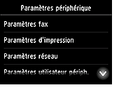 Ecran Paramètres périphérique : Sélection de Paramètres utilisateur périph.