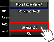 Écran Paramètres mode réception : Sélection de Avancés