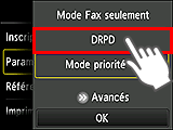 Écran Paramètres mode réception&nbsp;: Sélectionnez DRPD