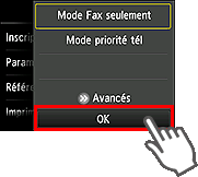 Écran Paramètres mode réception : Sélectionnez OK