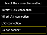 Tela Selecionar método de conexão: Selecionar Não conectar