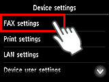 Device settings screen: Select FAX settings