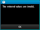 Warning screen: The entered values are invalid.