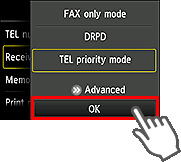 Receive mode settings screen: Select OK