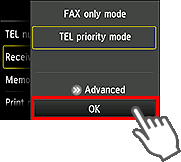 Receive mode settings screen: Select OK