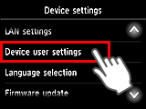 Device settings screen: Select Device user settings