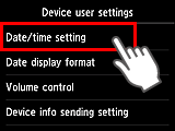 Pantalla Configuración de dispositivo: Seleccione Configuración hora/fecha