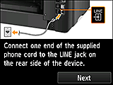 [쉬운 설정] 화면: 제공한 전화 코드의 한쪽 끝을 장치 뒷면의 회선 잭에 연결합니다.