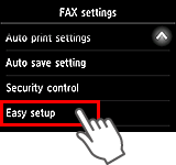 Obrazovka Nastavení faxu: Vyberte možnost Snadné nastavení