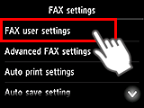 Obrazovka Nastavení faxu: Vyberte možnost Uživatelská nastavení faxu
