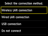 Obrazovka Výběr způsobu připojení: Výběr možnosti Připojení k bezdrátové síti LAN