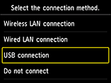 Obrazovka Výběr způsobu připojení: Výběr možnosti Připojení USB