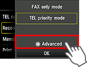 Receive mode settings screen: Select Advanced