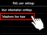 FAX user settings screen: Select Telephone line type