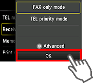 Receive mode settings screen: Select OK