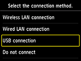 Pantalla de selección del método de conexión: seleccionar Conexión USB