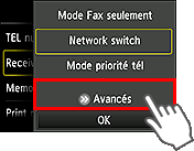 Écran Paramètres mode réception : Sélection de Avancés