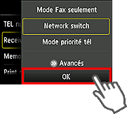 Écran Paramètres mode réception : Sélectionnez OK