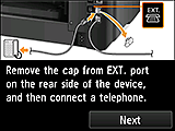 Tela da Configuração fácil: Remova a tampa da porta EXT. do lado traseiro do dispositivo e então conecte um telefone.