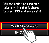 Tela Configuração fácil: Selecione Sim (FAX e voz)