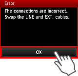 Obrazovka Jednoduché nastavenie: Pripojenia sú nesprávne. Vymeňte káble LINE a EXT.
