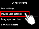 Device settings screen: Select Device user settings