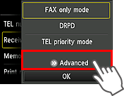 Receive mode settings screen: Select Advanced