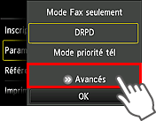 Écran Paramètres mode réception : Sélection de Avancés