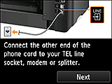 Schermata Impostazione facile: Collegare l'altra estremità del cavo telefonico alla presa della linea TEL, al modem o allo splitter.