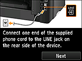 Tela da Configuração fácil: Conecte uma extremidade do cabo de telefone fornecido à tomada LINE na parte traseira do dispositivo.