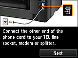 Tela da Configuração fácil: Conecte a outra extremidade do cabo de telefone ao soquete da linha TEL, ao modem ou ao divisor.