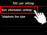 Tela Configurações do usuário de FAX: Selecione Config. Informações do usuário