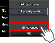 Tela Config. modo de recepção: Selecionar Avançado