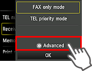 Tela Config. modo de recepção: Selecionar Avançado