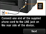 شاشة Easy setup&rlm;: Connect one end of the supplied phone cord to the LINE jack on the rear side of the device.