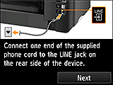 Skærmen Nem opsætning: Slut den ene ende af den medfølgende telefonledning i LINE-stikket på bagsiden af enheden.