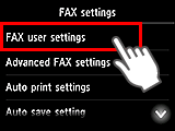 FAX settings screen: Select FAX user settings
