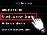 Écran Liste fonctions : Sélection des paramètres du mode de réception