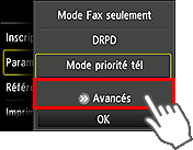 Écran Paramètres mode réception : Sélection de Avancés