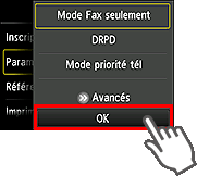 Écran Paramètres mode réception : Sélectionnez OK