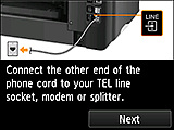 [쉬운 설정] 화면: 전화 코드의 다른 한쪽 끝을 전화선 소켓, 모뎀 또는 분할기에 연결합니다.