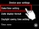 Tela Configs. usuário do dispositivo: Selecione Configuração data/hora