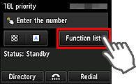 Obrazovka FAX: výber položky Zozn. funkcií