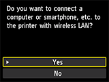 Wireless LAN connection screen: Connect a computer or smartphone, etc. to the printer with wireless LAN
