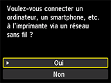 Écran Connexion réseau sans fil&nbsp;: connectez un ordinateur, un smartphone, etc., à l'imprimante via le réseau sans fil