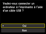Écran Connexion USB : connectez un ordinateur à l'imprimante via un câble USB
