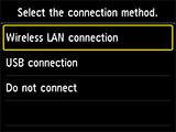 Select connection method screen: Select Wireless LAN connection